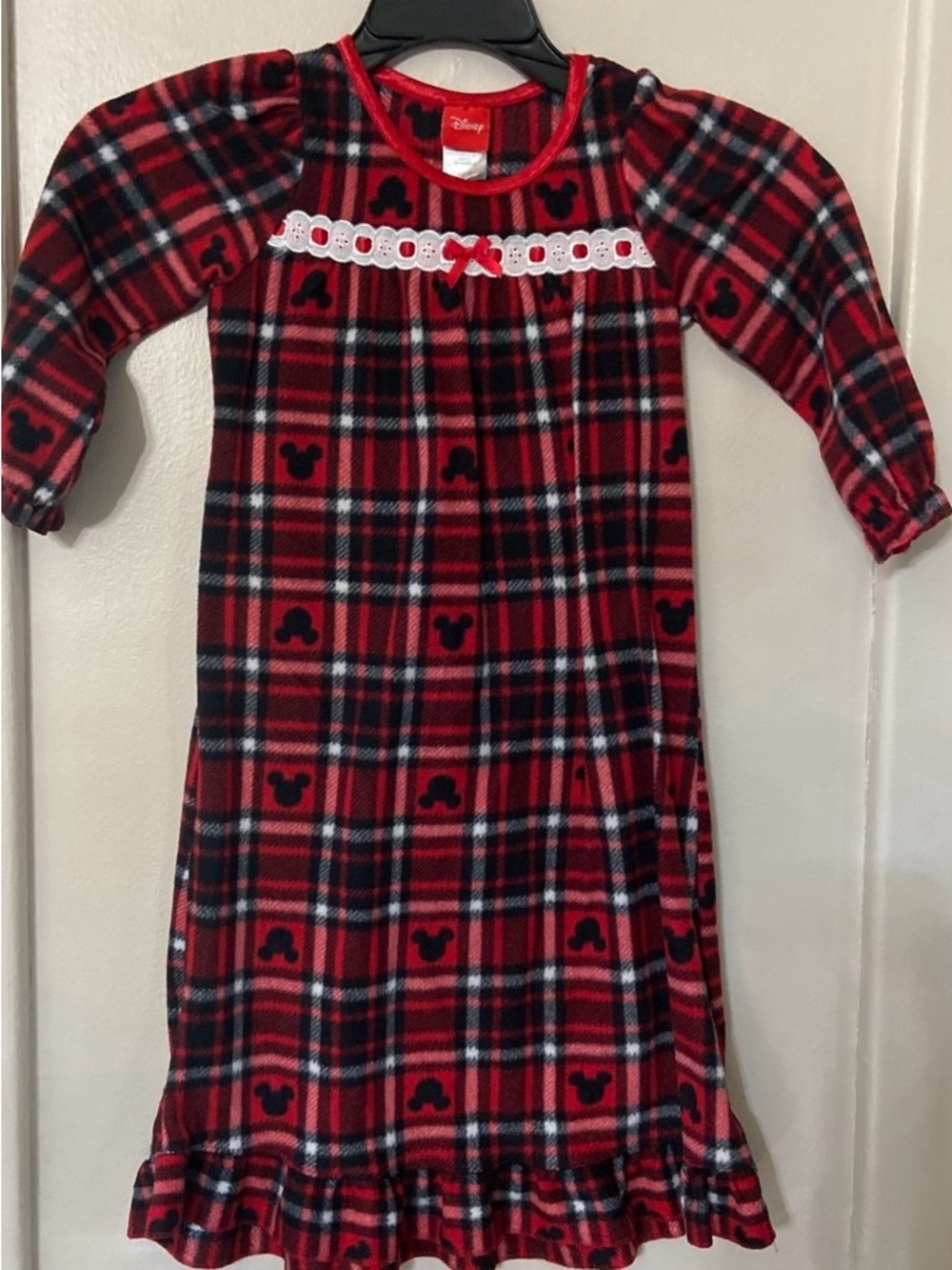 Disney Red Plaid Nightgown with Black Mickey Silhouettes and White Lace